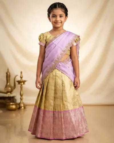 Traditional Girls Pavadai Dhavani Set with Zari Woven Diamond Pattern Skirt Brocade Border and Embroidered Lace Dupatta - Gold and Lavender